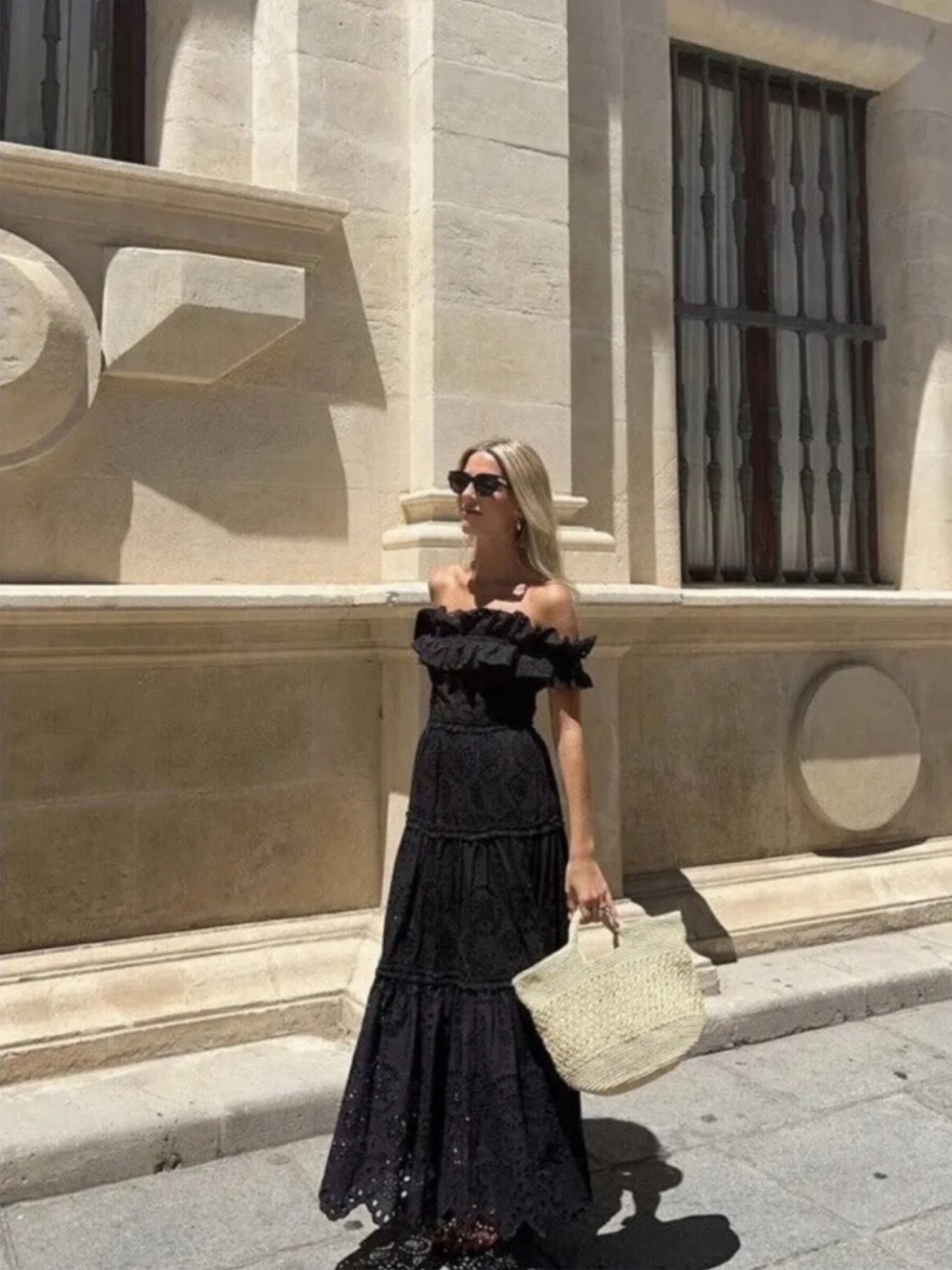 NWT Zara Embroider Ruffle Tiered Off Shoulder Black Scalloped Cotton Maxi Dress
